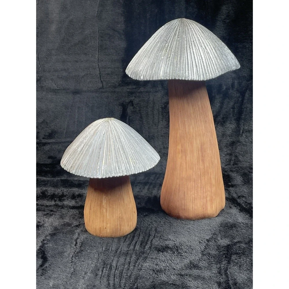 Wood Mushroom Decor Set Cottagecore Woodland Shelf Decor Silver Caps 5